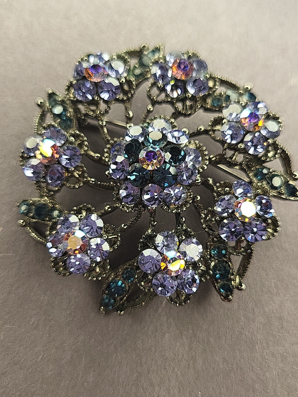 Floral Brooch with Purple and Blue Crystals